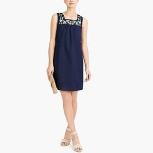 J Crew Square Neck Floral Embroidery Navy Sleeveless Shift Dress